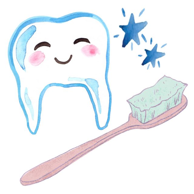 Watercolor illustration of a smiling, anthropomorphic tooth with shining stars next to it and a large pink toothbrush
