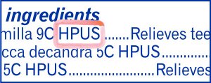 Zoom in of Camilia label with red circle around HPUS